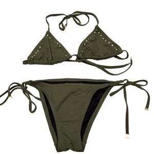 Michael Kors String Side Tie Bikini‎ Stud Triangle Top Green Designer Swim Small